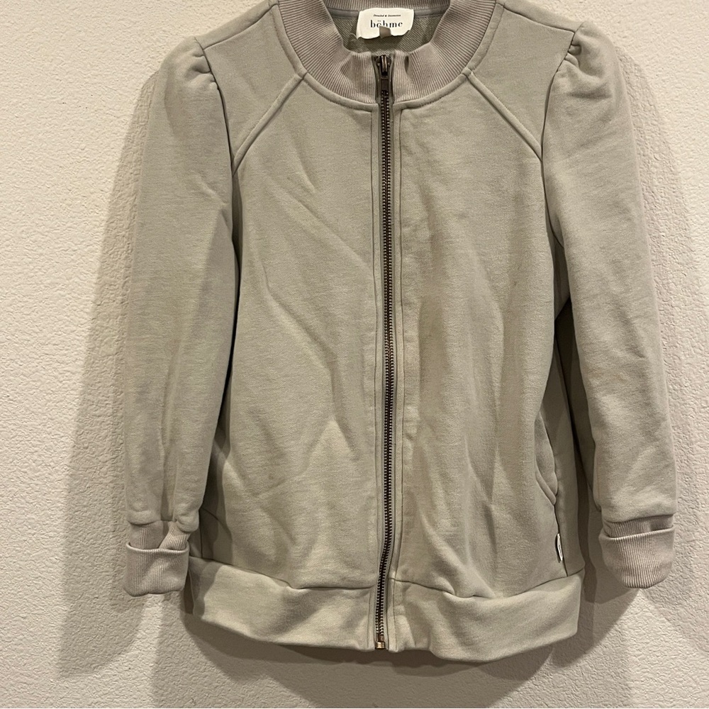 Bohme green gray zip up jacket with slight puff shoulder size small